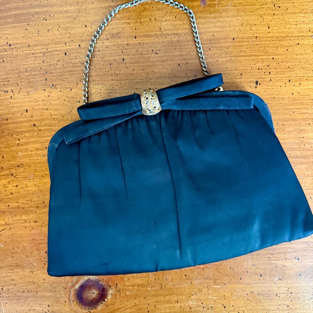 Vintage After Five Black Satin Clutch Gold Chain Evening Bag Cocktail Purse